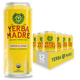 Guayaki Yerba Madre lata frente mostrando etiqueta y refresco listo