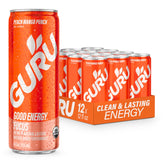 GURU lata frente Peach Mango Punch mostrando diseño y beneficio refrescante