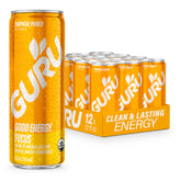 GURU lata frontal Tropical Punch mostrando diseño y beneficio energía natural