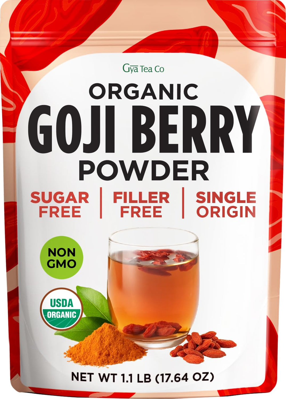 Gya Tea Co paquete frontal mostrando tamaño y diseño, fácil identificación