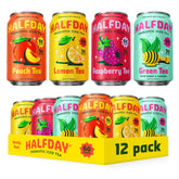 Halfday caja de 12 latas vista frontal mostrando sabores y beneficios prebióticos