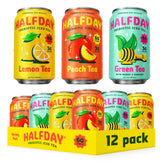 Halfday pack frontal de variedades muestra latas y etiquetas claras, refresca sin exceso de azúcar