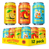 Halfday pack frontal de latas mostrando sabores y diseño, hidratación baja en calorías