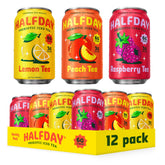 HALFDAY vista frontal del pack de 12 latas que muestra sabores y beneficio bajo en azúcar