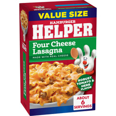Hamburger Helper plato servido con queso derretido y beneficio de sabor auténtico