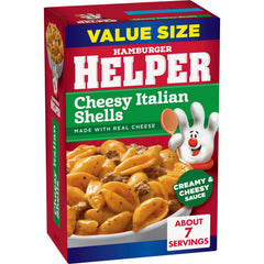 Hamburger Helper conchas y salsa en primer plano textura cremosa y apetitosa