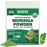 HANDPICK moringa polvo frente del envase mostrando volumen y seguridad
