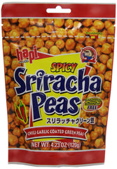 HAPI sriracha peas frente del empaque mostrando marca y diseño atractivo