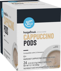 Happy Belly empaque frontal mostrando 24 cápsulas y sabor avellana, conveniencia inmediata