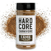 Hardcore Carnivore frasco frontal mostrando adobo Camo y legibilidad