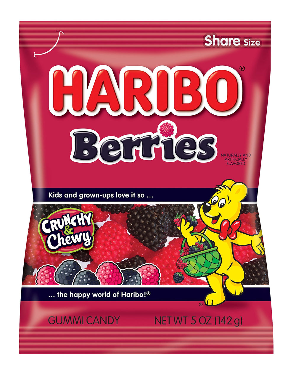 HARIBO Berries frente del empaque mostrando mezcla roja y negra y conveniencia