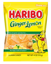 Haribo empaque frontal mostrando sabor jengibre-limón y atractivo