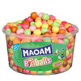 Haribo Maoam pinballs frontal del tubo mostrando mezcla y beneficios de compartir
