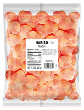 HARIBO Peaches empaque frontal mostrando 5 lb y facilidad de almacenamiento