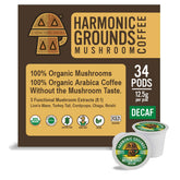 Harmonic Grounds paquete frontal mostrando marca y descripción orgánica y descafeinado