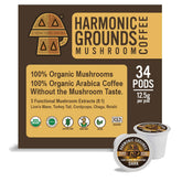 Harmonic Grounds frente del paquete mostrando diseño y 34 cápsulas, conveniencia orgánica