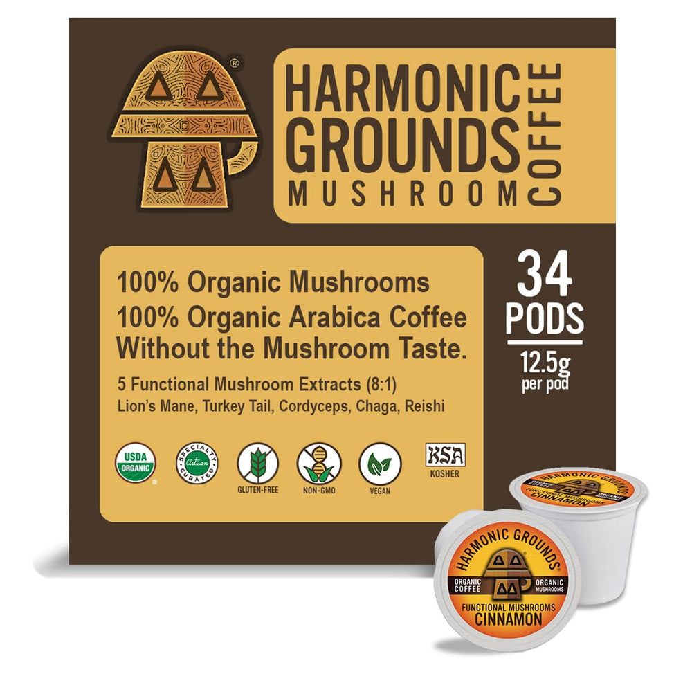 Harmonic Grounds envase frontal mostrando 34 cápsulas y etiqueta orgánica