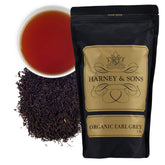 Harney & Sons bolsa frontal de Organic Earl Grey mostrando etiqueta y 16 oz beneficios de aroma intenso