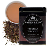 Harney & Sons lata frontal del Venetian Tiramisu mostrando diseño y conservación