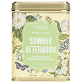 Harney & Sons lata frontal que muestra diseño botánico y protege el té