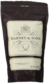 Harney & Sons empaque frontal con 50 sachets, presentación premium y protección de sabor