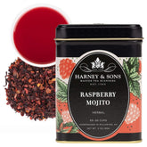 Harney & Sons lata frontal del Raspberry Mojito mostrando diseño y tamaño