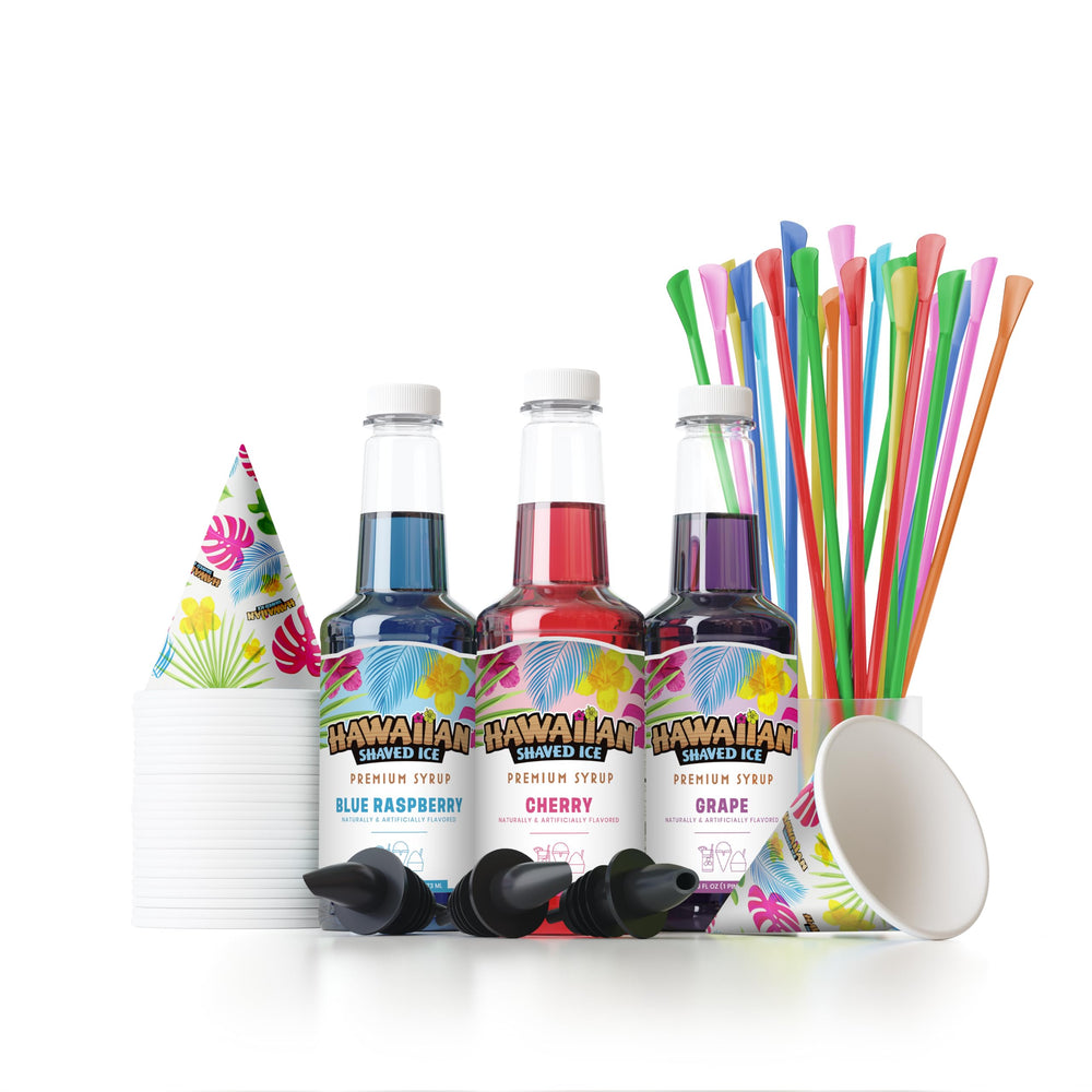 Hawaiian Shaved Ice vista frontal del kit con botellas y accesorios, ideal para fiestas