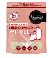 Healthier Comforts frente del empaque mostrando etiquetas sin lactosa y sin hormonas
