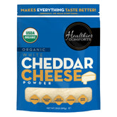 Healthier Comforts paquete frontal mostrando el polvo de queso y resealable