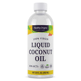 Healthy Origins botella frontal mostrando aceite de coco líquido y marca