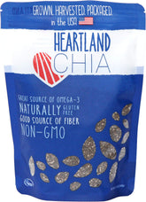 Heartland Chia frente del paquete mostrando marca y 12 oz beneficios de origen