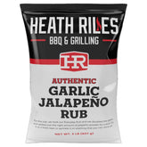 Heath Riles BBQ frasco frontal del rub Garlic Jalapeño mostrando etiqueta y tamaño
