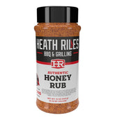 Heath Riles BBQ envase frontal mostrando rub y marca, conveniencia en cocina