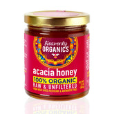 Heavenly Organics frasco frente mostrando miel de acacia y etiqueta orgánica