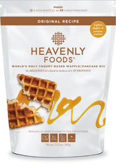 Heavenly Waffles empaque frontal mostrando marca y beneficios nutricionales