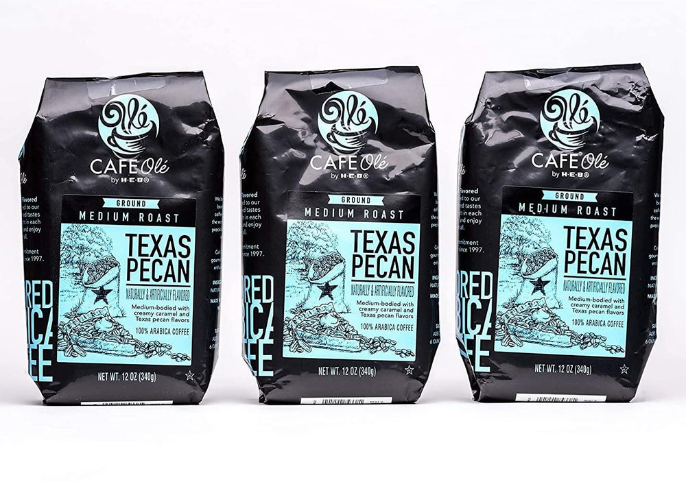 HEB Café Olé bolsa frontal Texas Pecan mostrando empaque y ventaja de sabor