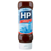 HEINZ HP Sauce botella frontal Topdown mostrando etiqueta clásica y uso práctico