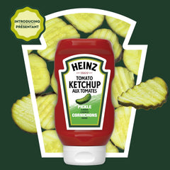 HEINZ servido sobre hamburguesa mostrando contraste fresco