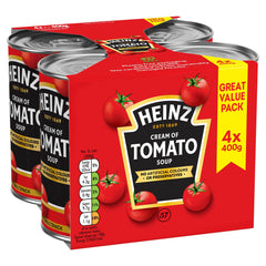 HEINZ sopa de tomate lata frente mostrando etiqueta y conveniencia para calentar