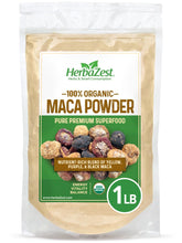 HerbaZest maca polvo frente del paquete mostrando presentación y pureza