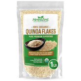 HerbaZest paquete frontal de hojuelas de quinoa mostrando envase y beneficios