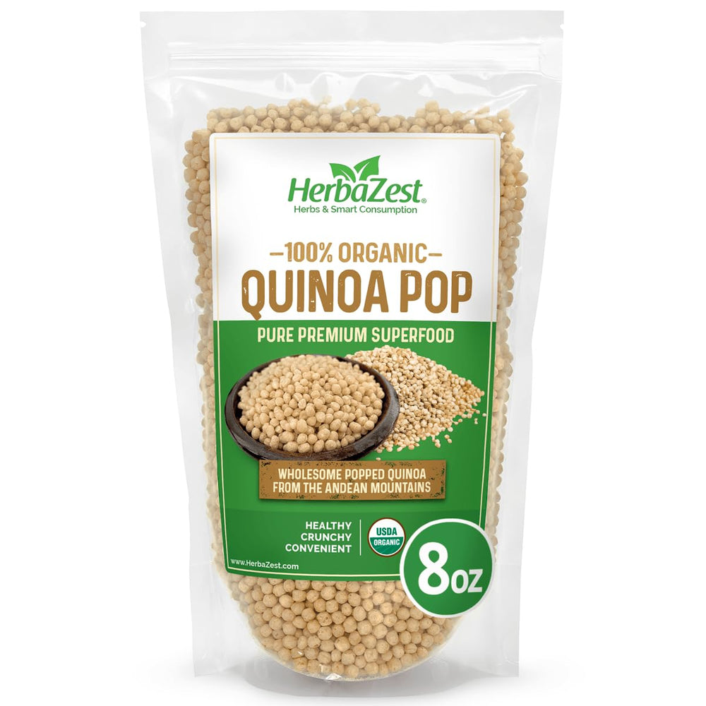 HerbaZest quinoa pop frente del empaque mostrando bolsa resellable y marca
