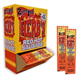 Herb's paquete frontón con 50 salchichas Red Hot mostrando etiqueta y oferta 2 por $1