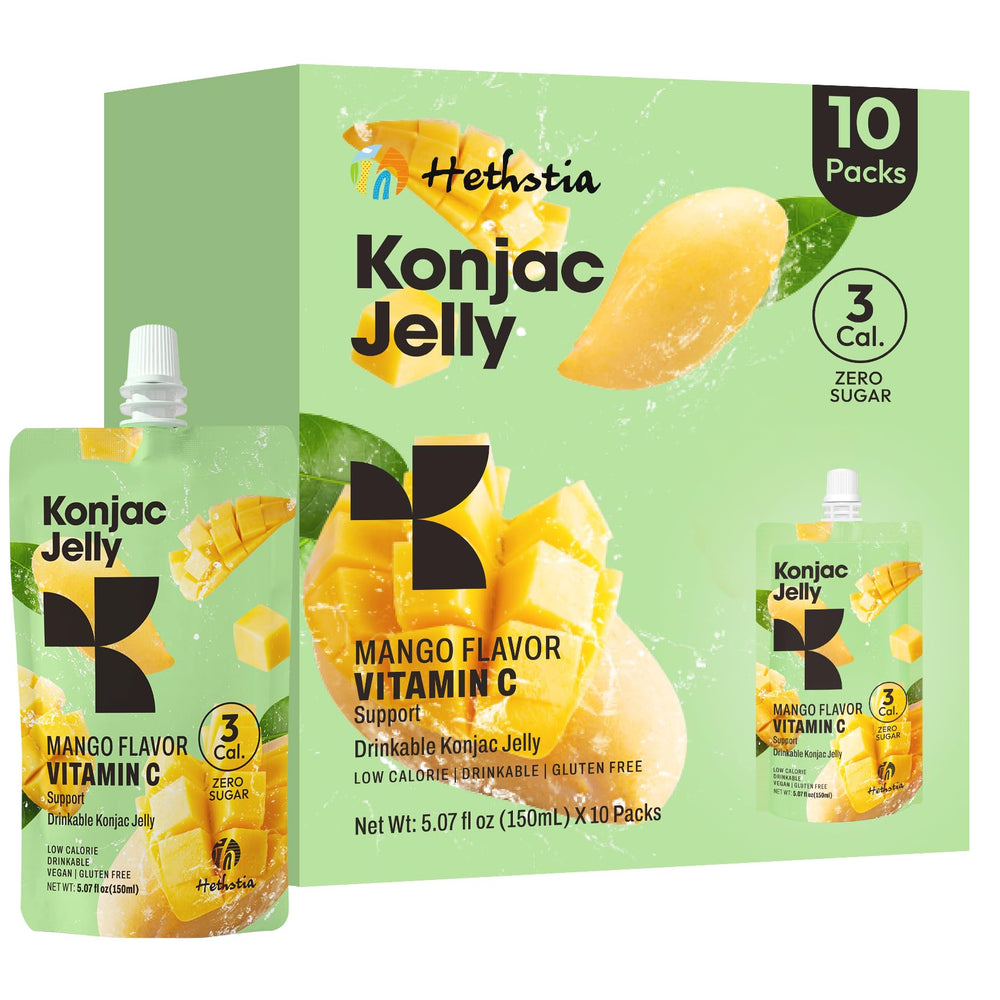 Hethstia empaque frontal sabor mango mostrando diseño y beneficios en la etiqueta