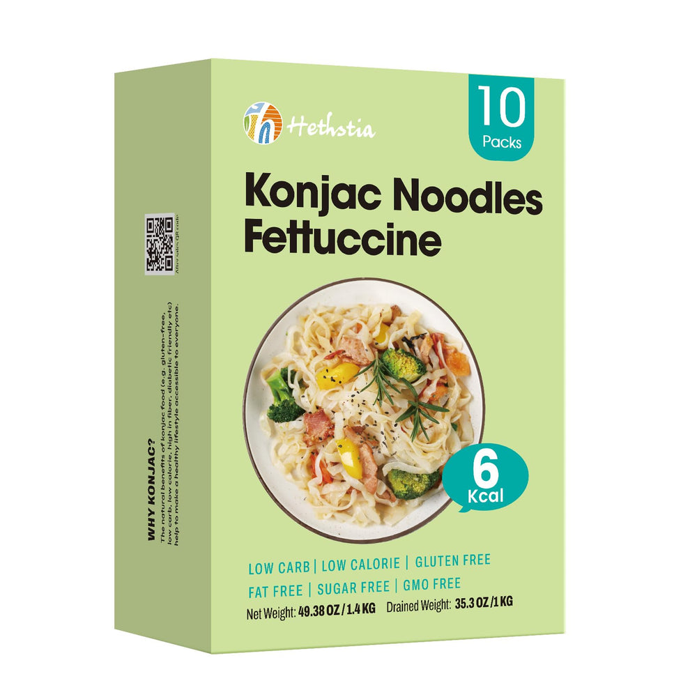 Hethstia paquete frontal fettuccine mostrando formato y beneficios bajos en carbohidratos