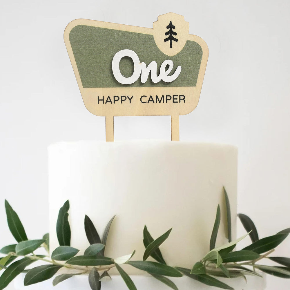 HGFC topper frontal mostrando el diseño 'One Happy Camper' y aspecto rústico