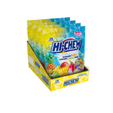 HI-CHEW frontal del paquete Tropical Mix mostrando las cuatro bolsas y variedad