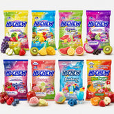 HI-CHEW vista frontal del paquete que muestra variedad y colores atractivos