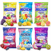 HI-CHEW pack frontal mostrando seis bolsas y variedad de colores, práctico para compartir