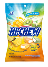 HI-CHEW vista frontal del paquete tropical, muestra variedad y conveniencia